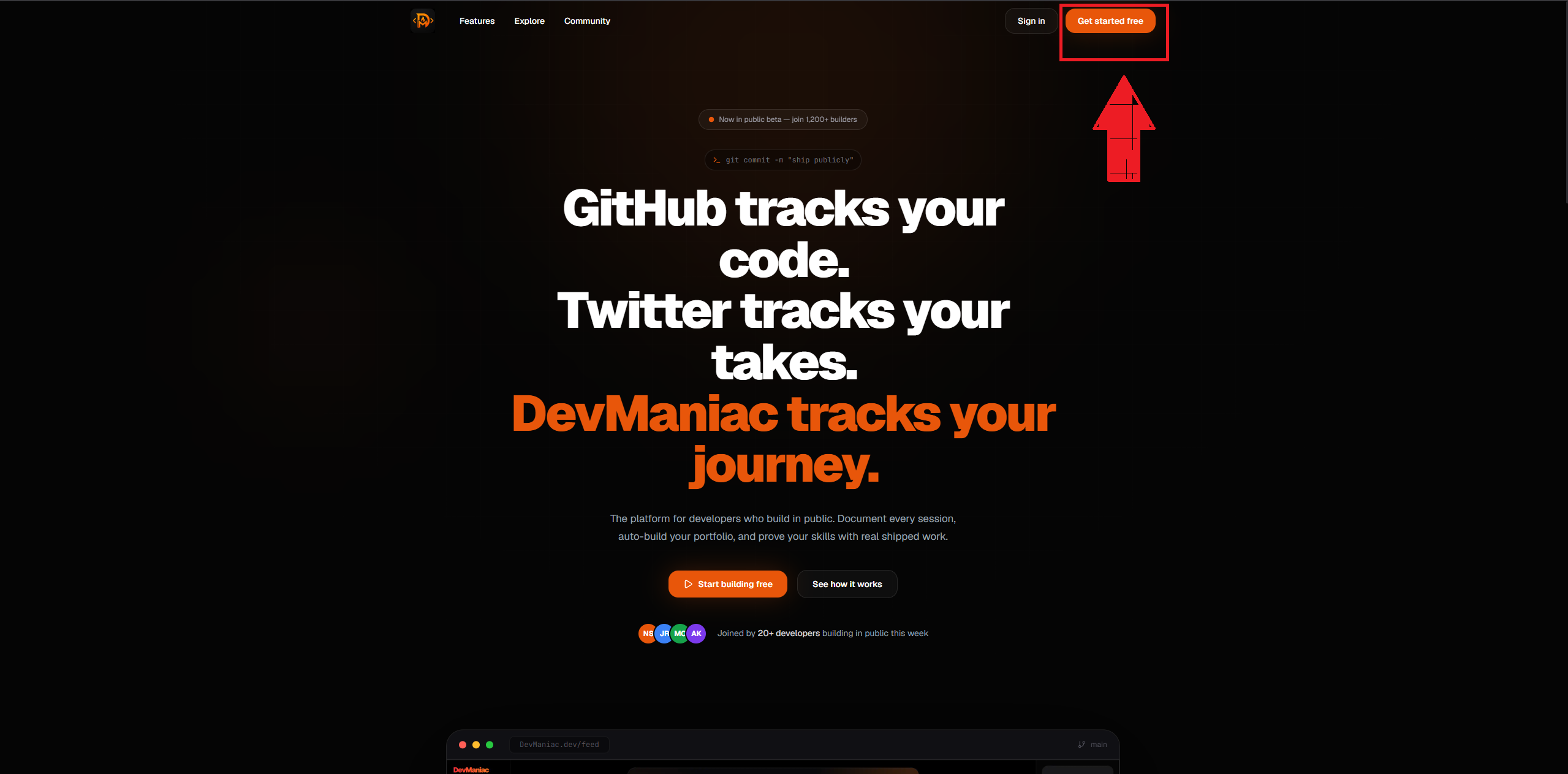 Get Started button on Devmaniac