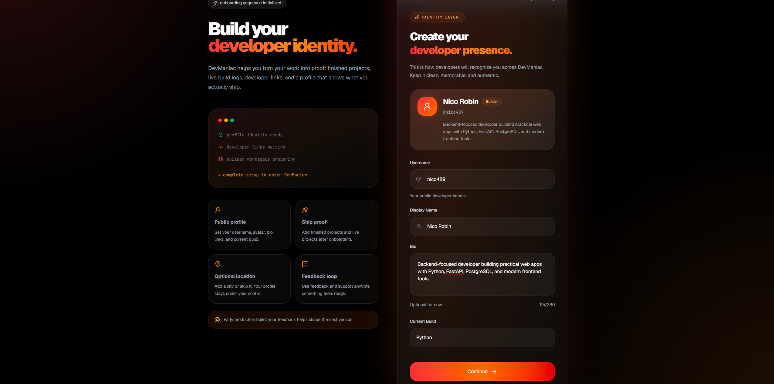 Devmaniac onboarding step 1 for name, username, bio, and current build