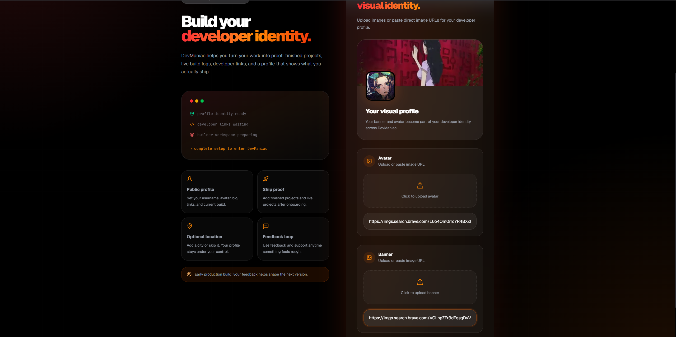 Devmaniac onboarding step 2 for profile image and cover photo