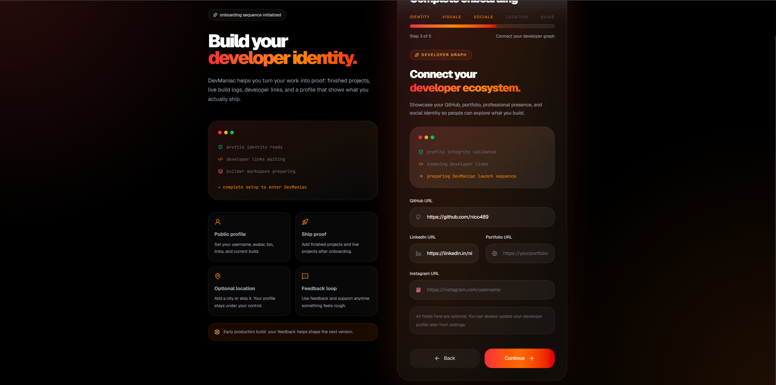 Devmaniac onboarding step 3 for social links