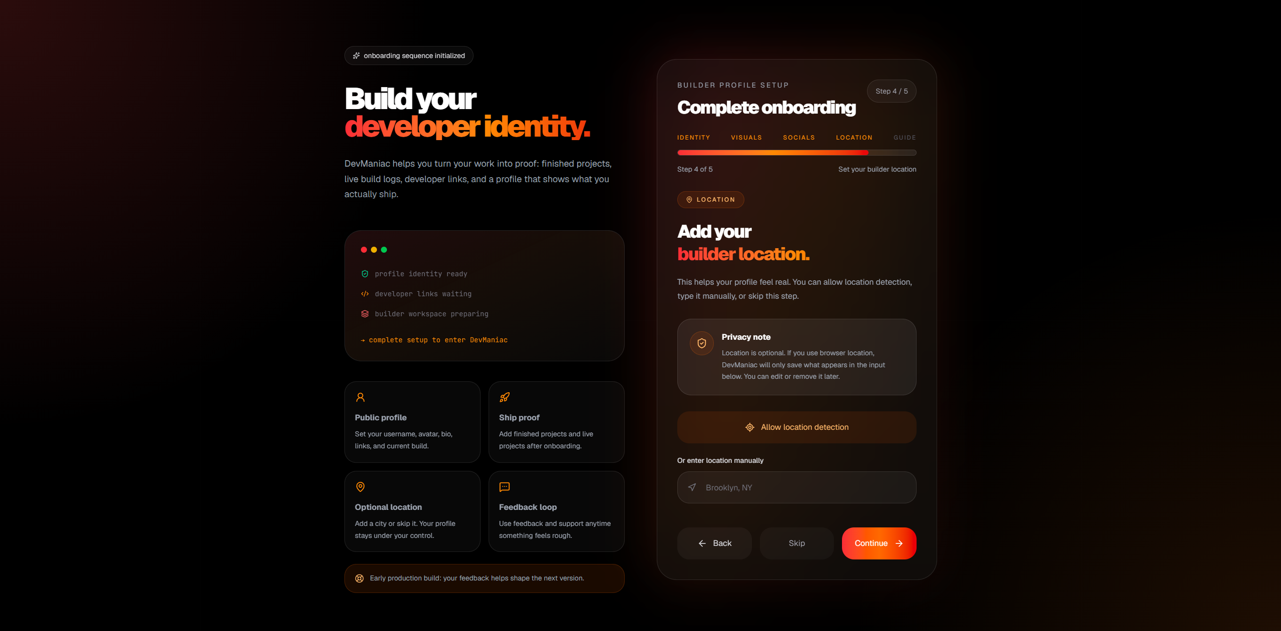 Devmaniac onboarding step 4 for location
