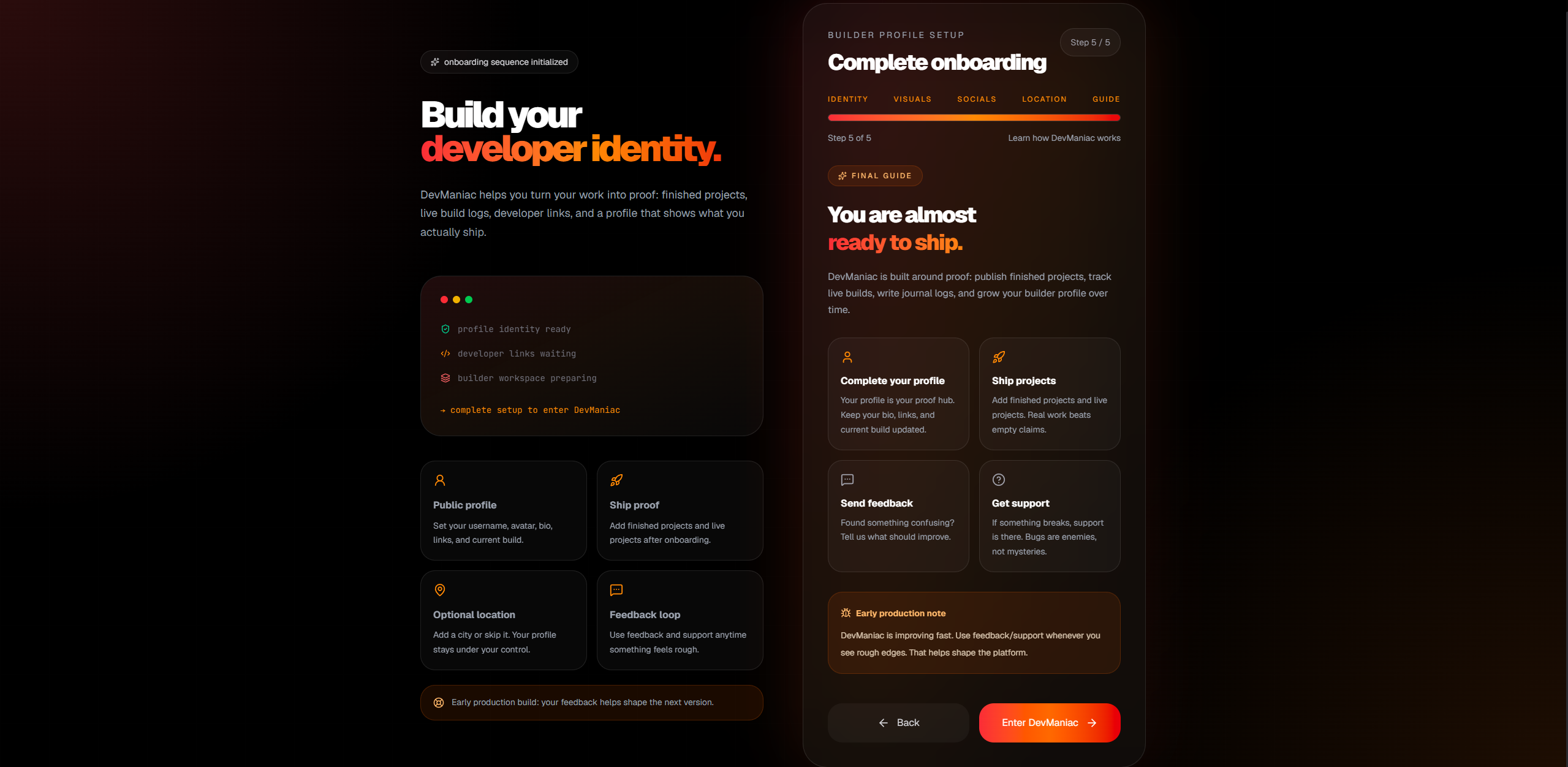 Devmaniac onboarding completion screen with quick guide links