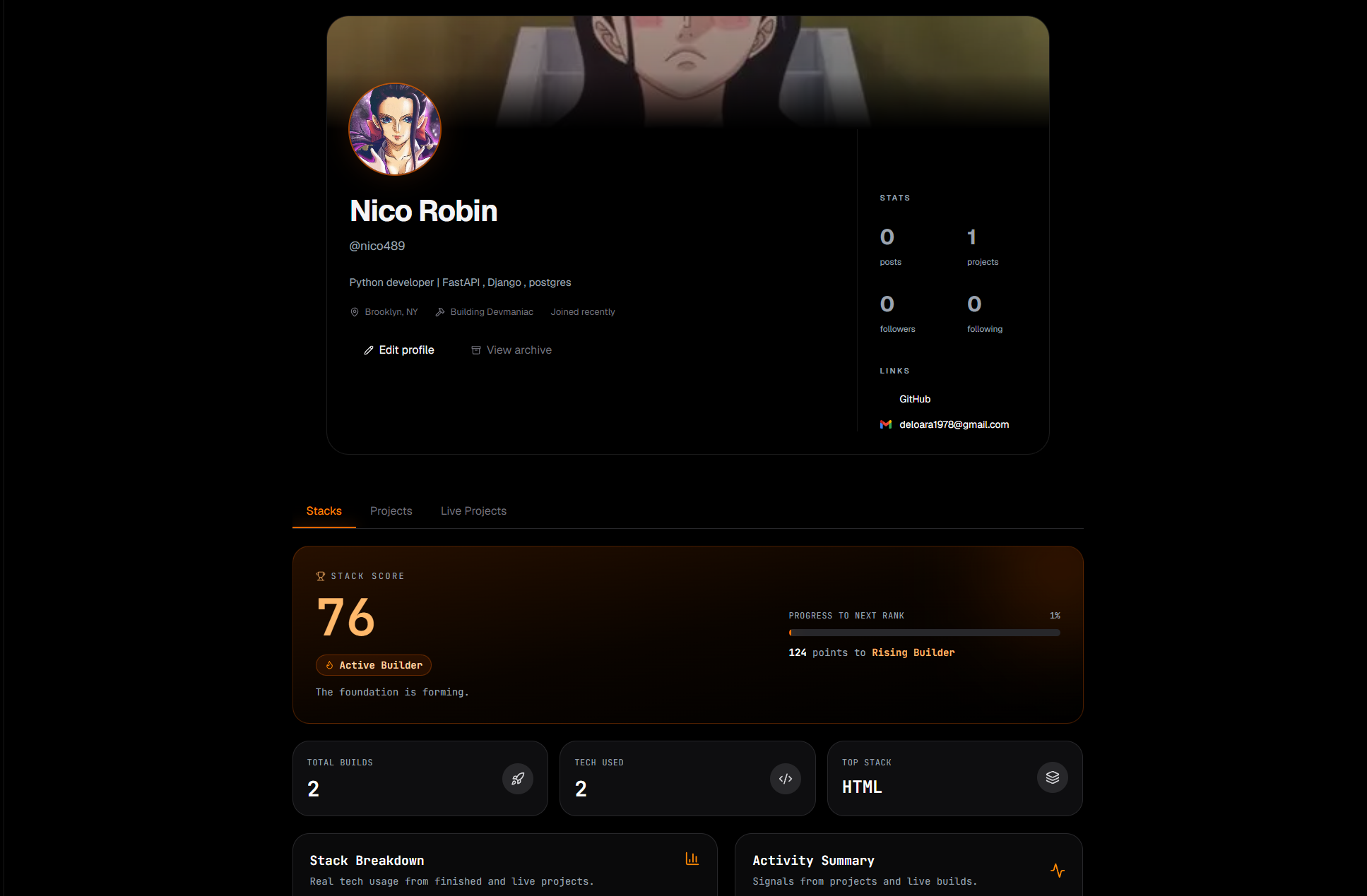 Example of a Devmaniac developer profile