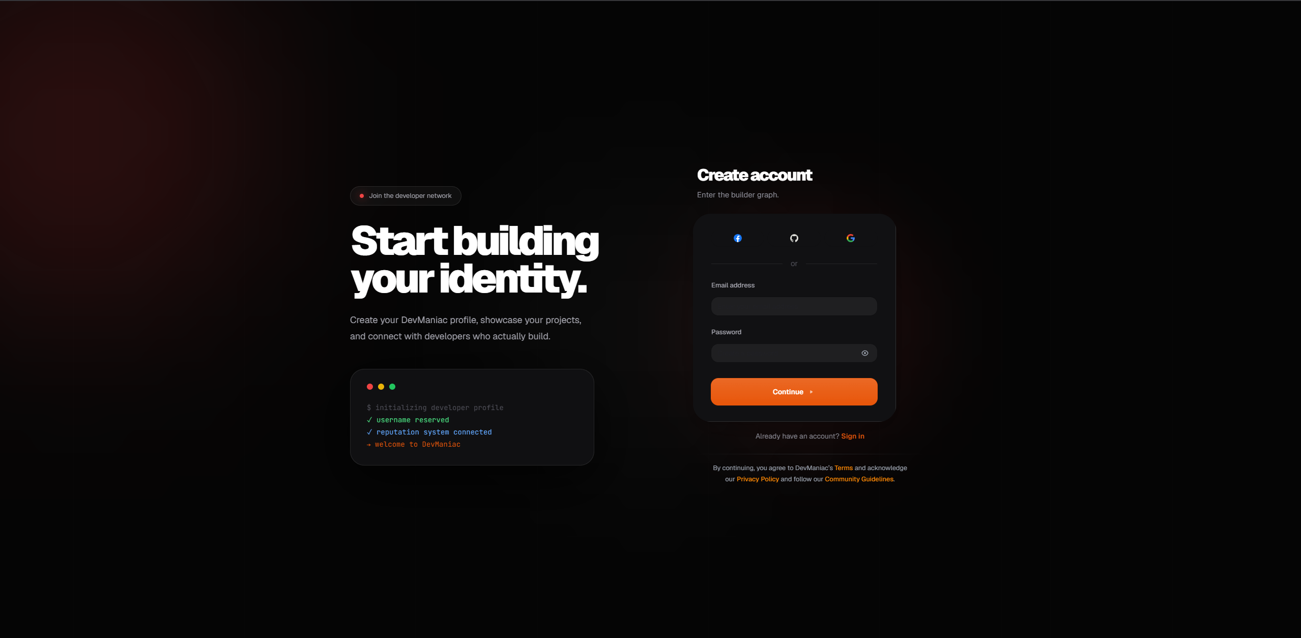 Devmaniac sign up page